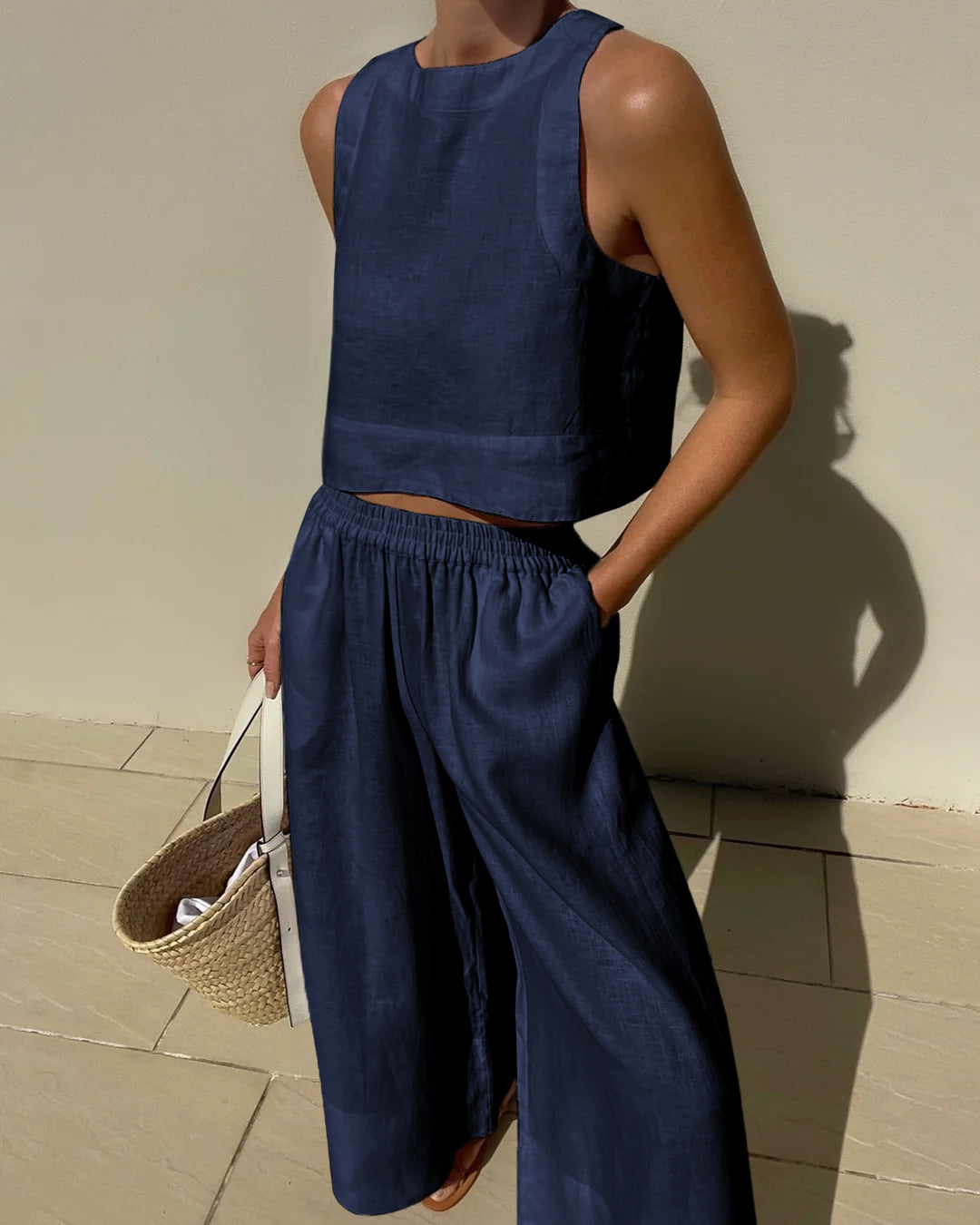 Women's Linen Crop Tank Top Wide Leg Pants Set Elastic Waist