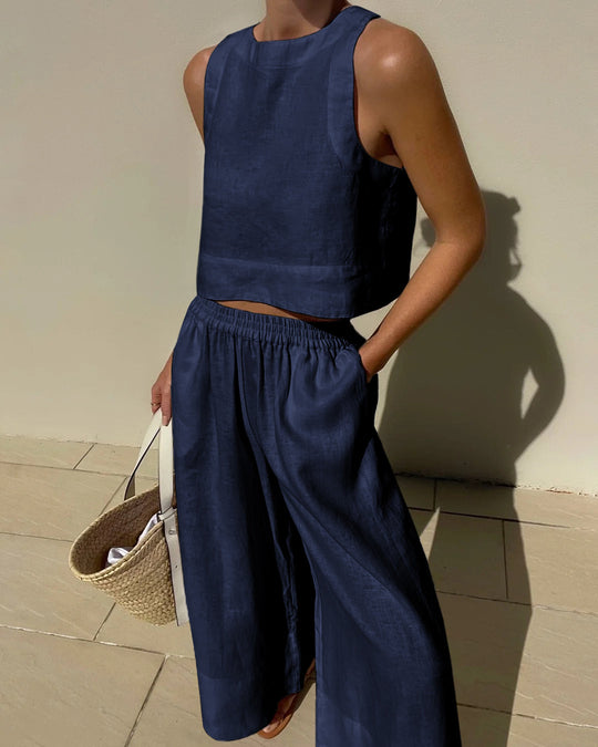 Women's Linen Crop Tank Top Wide Leg Pants Set Elastic Waist