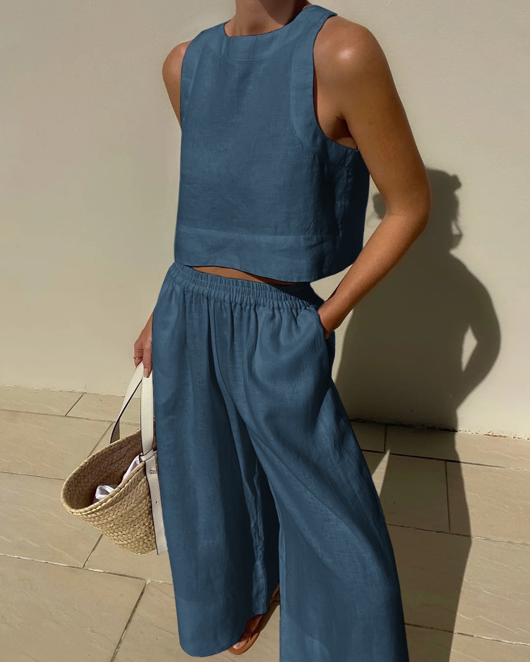 Women's Linen Crop Tank Top Wide Leg Pants Set Elastic Waist
