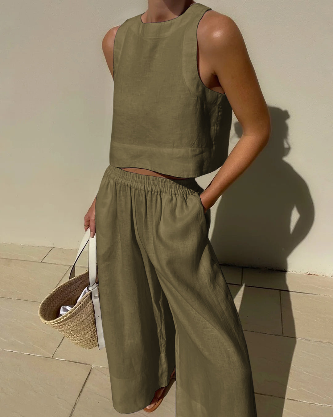 Women's Linen Crop Tank Top Wide Leg Pants Set Elastic Waist