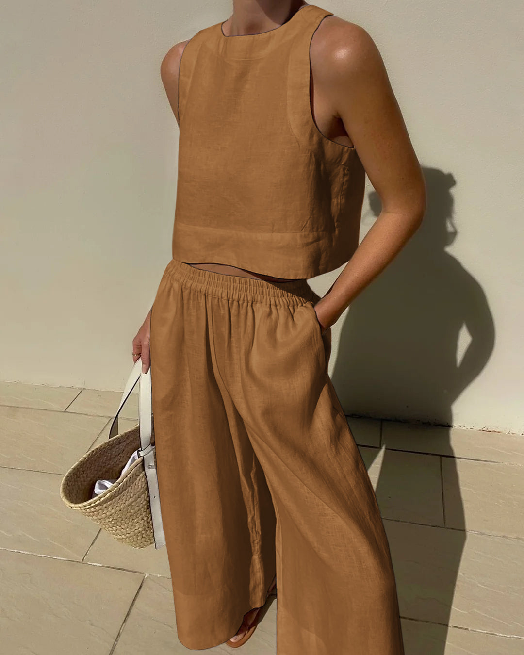 Women's Linen Crop Tank Top Wide Leg Pants Set Elastic Waist
