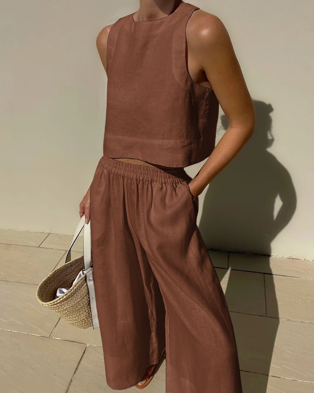 Women's Linen Crop Tank Top Wide Leg Pants Set Elastic Waist