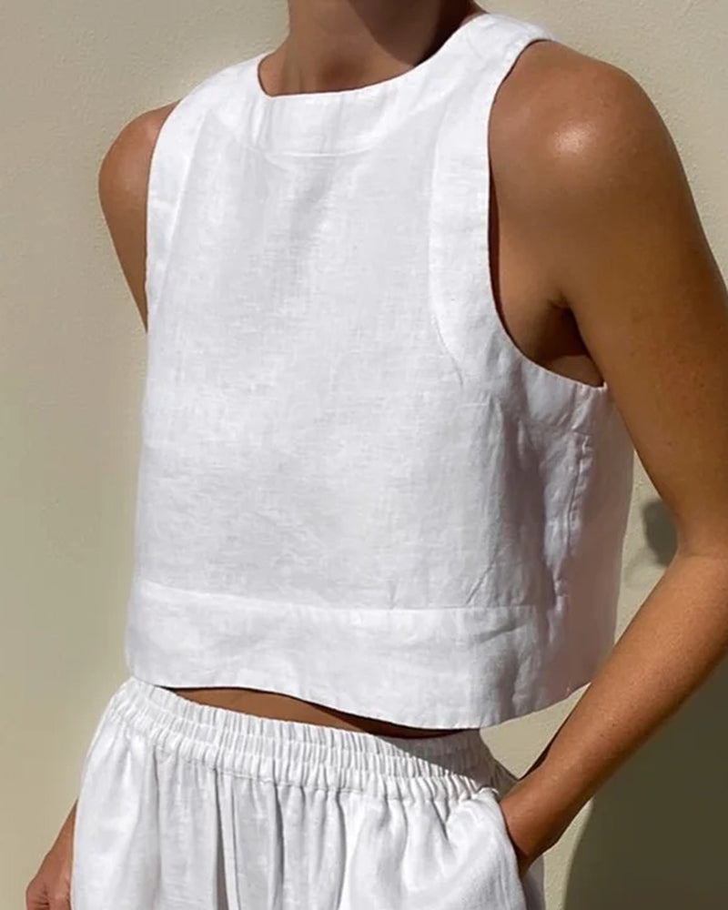 Women's Linen Crop Tank Top Wide Leg Pants Set Elastic Waist