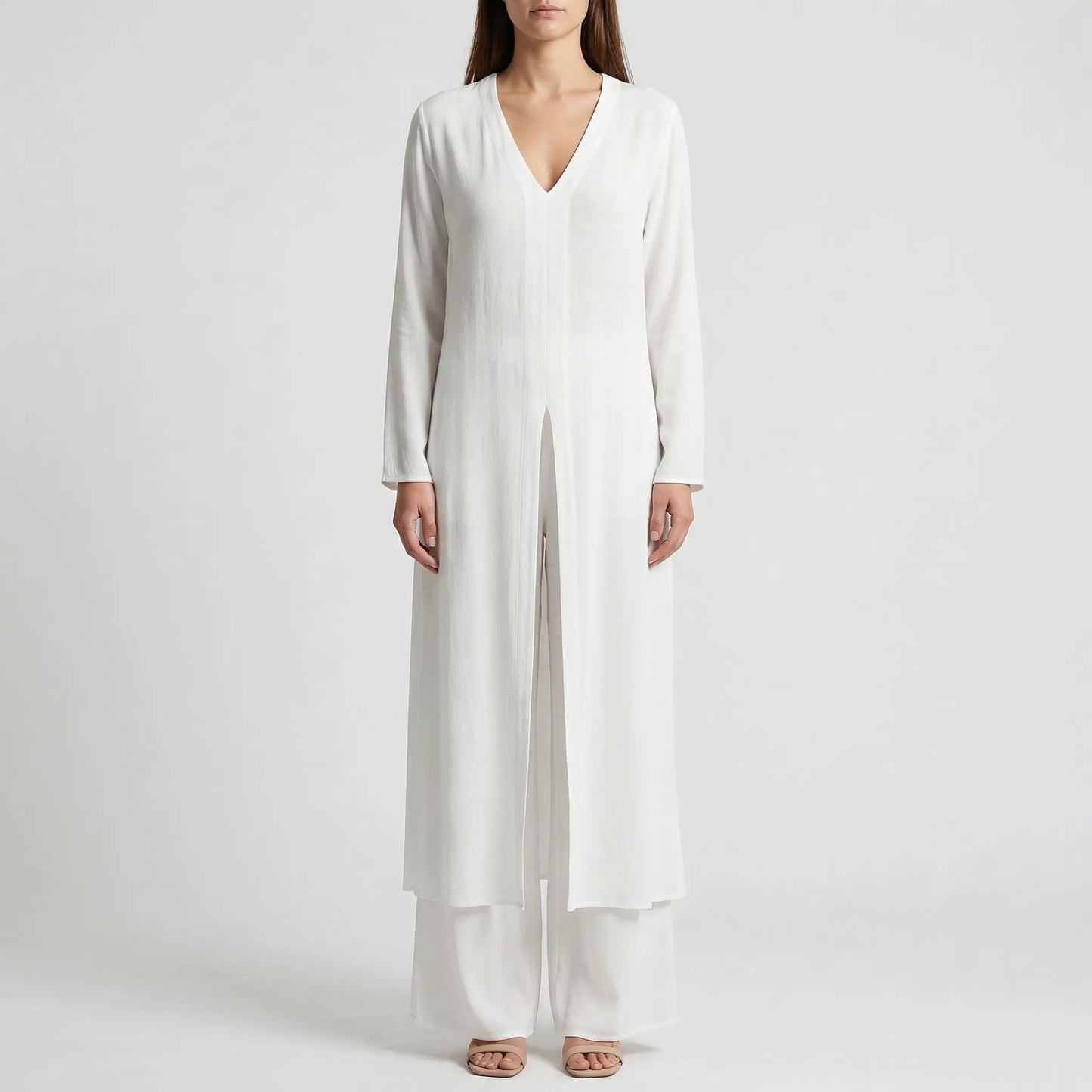 Women's Maxi Tunic Wide Leg Pants Set V-Neck Long Sleeve