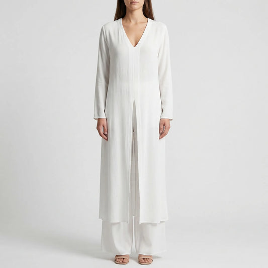 Women's Maxi Tunic Wide Leg Pants Set V-Neck Long Sleeve