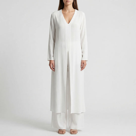 Women's Maxi Tunic Wide Leg Pants Set V-Neck Long Sleeve
