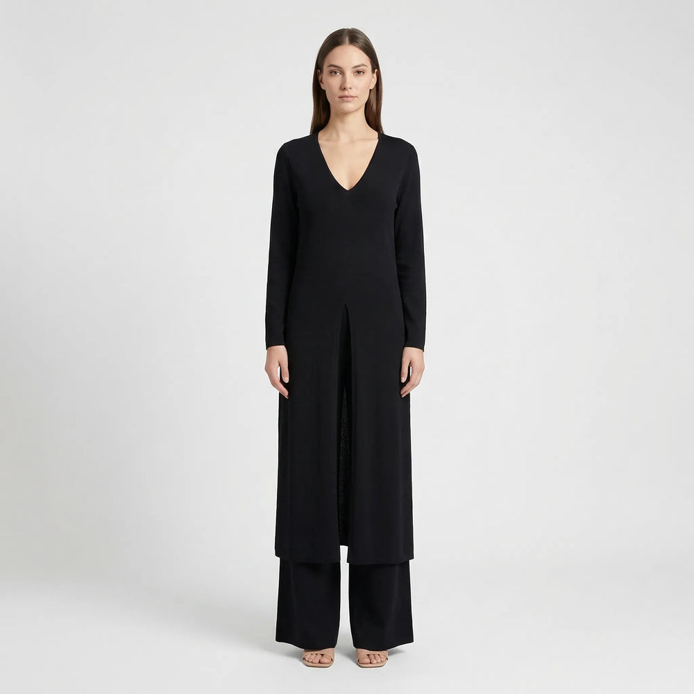 Women's Maxi Tunic Wide Leg Pants Set V-Neck Long Sleeve