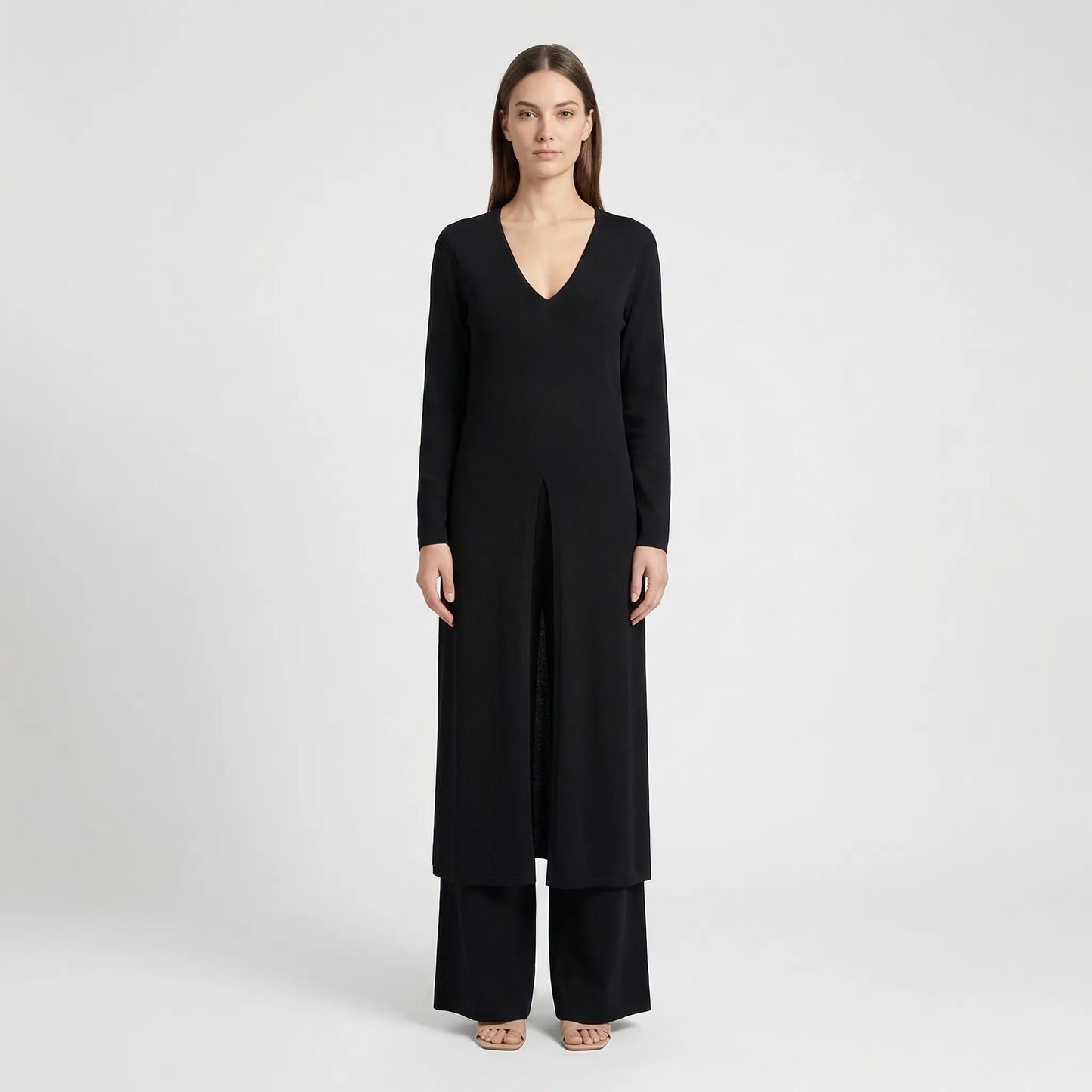 Women's Maxi Tunic Wide Leg Pants Set V-Neck Long Sleeve