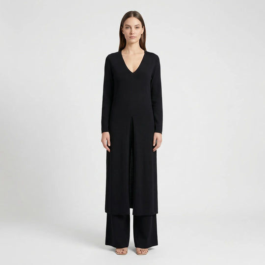 Women's Maxi Tunic Wide Leg Pants Set V-Neck Long Sleeve