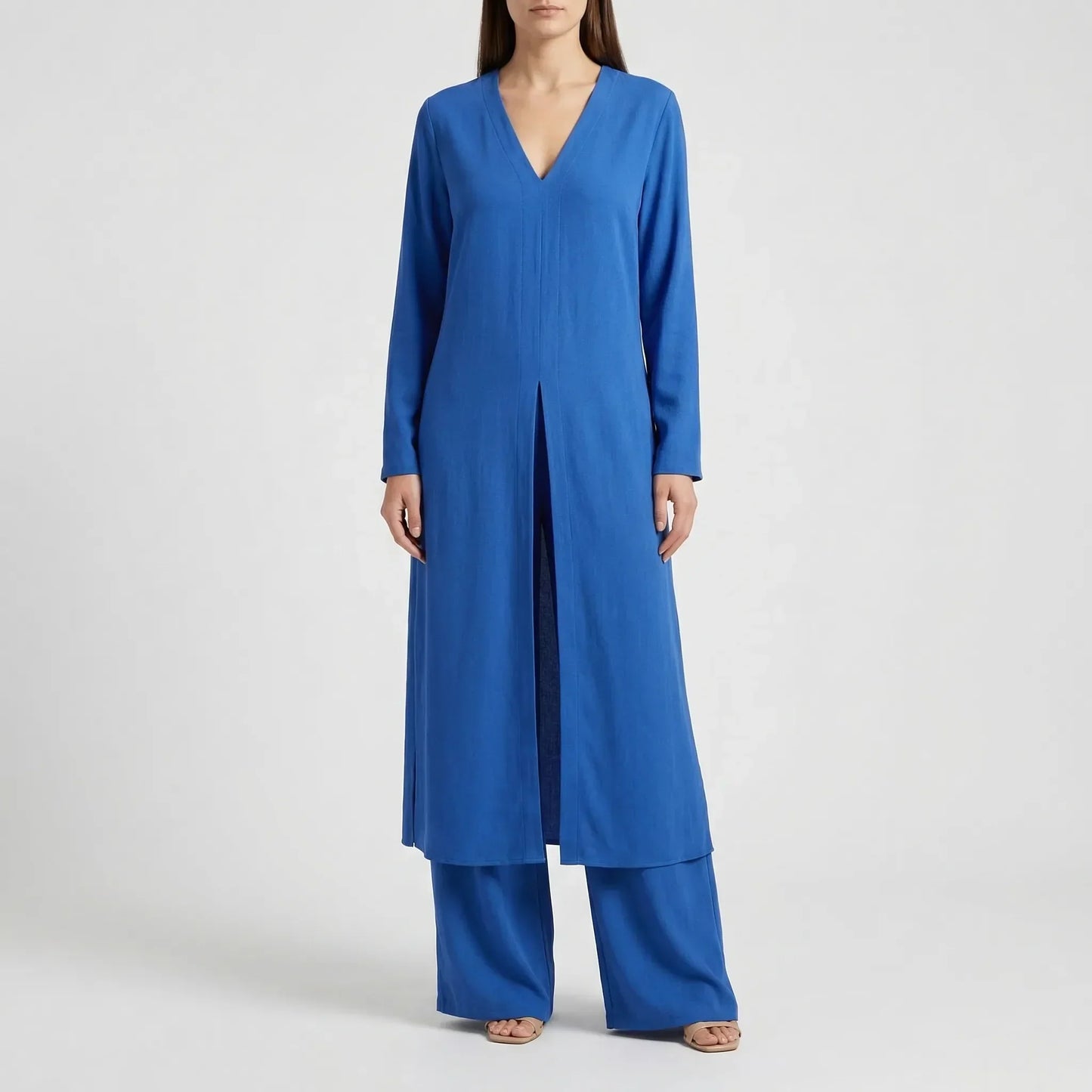 Women's Maxi Tunic Wide Leg Pants Set V-Neck Long Sleeve