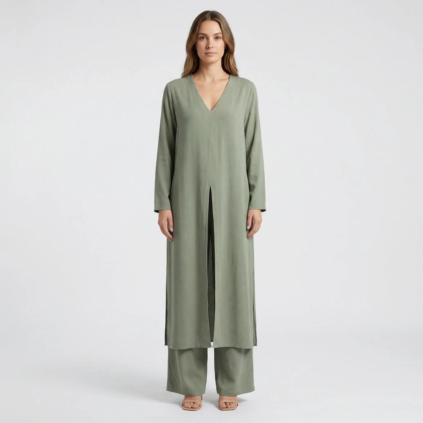 Women's Maxi Tunic Wide Leg Pants Set V-Neck Long Sleeve