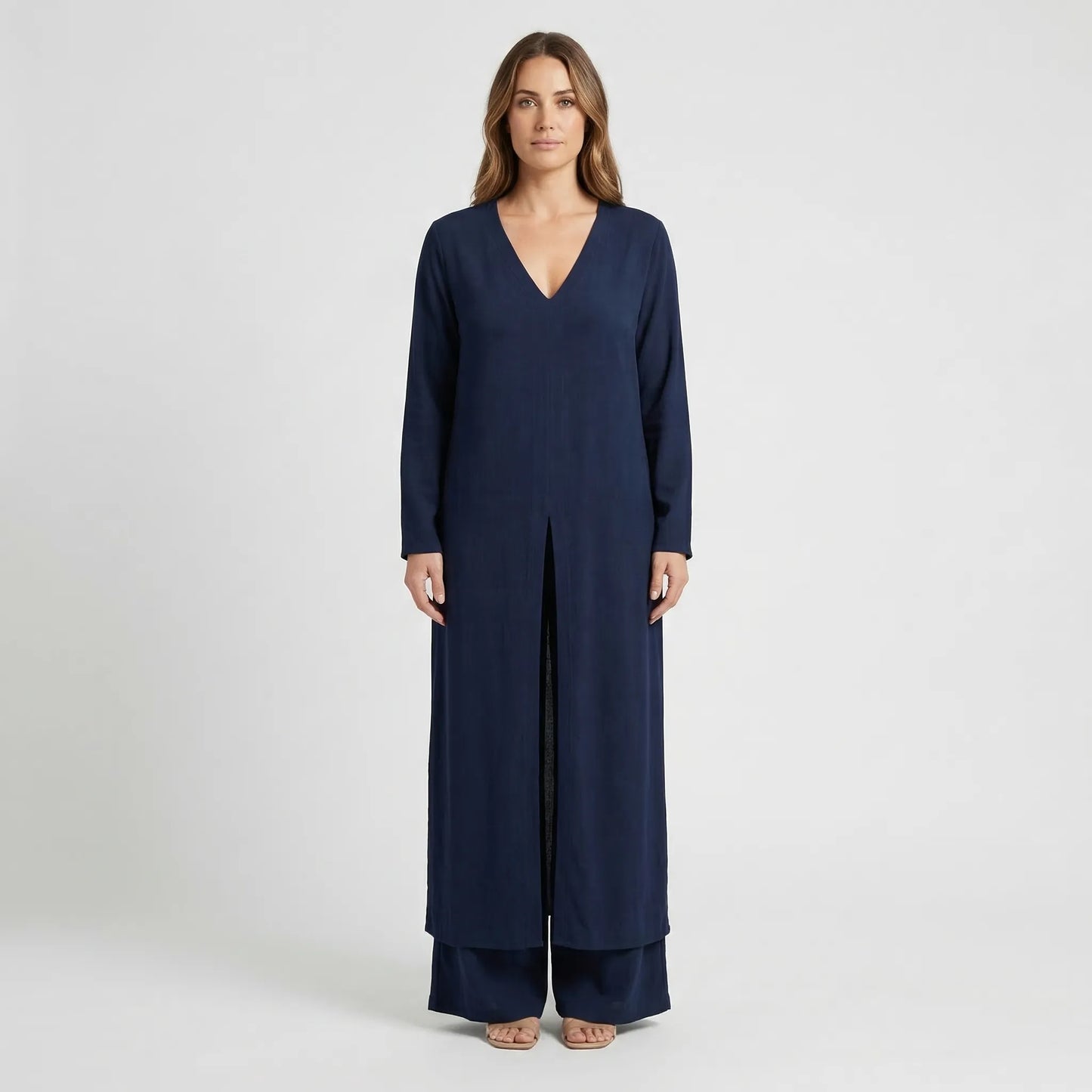 Women's Maxi Tunic Wide Leg Pants Set V-Neck Long Sleeve