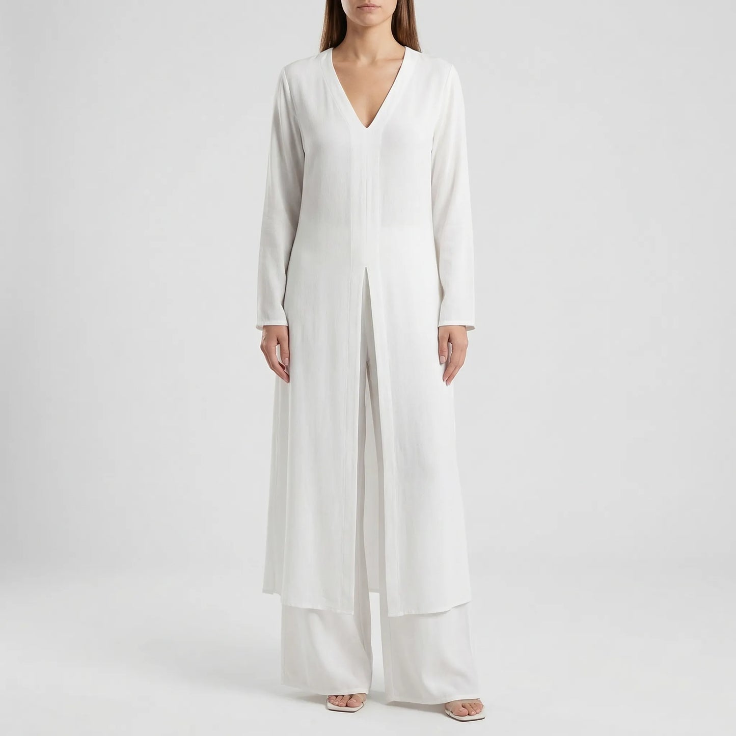 Women's Maxi Tunic Wide Leg Pants Set V-Neck Long Sleeve