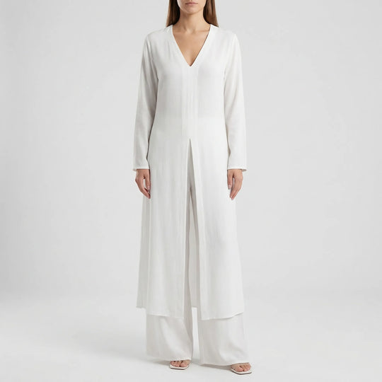Women's Maxi Tunic Wide Leg Pants Set V-Neck Long Sleeve