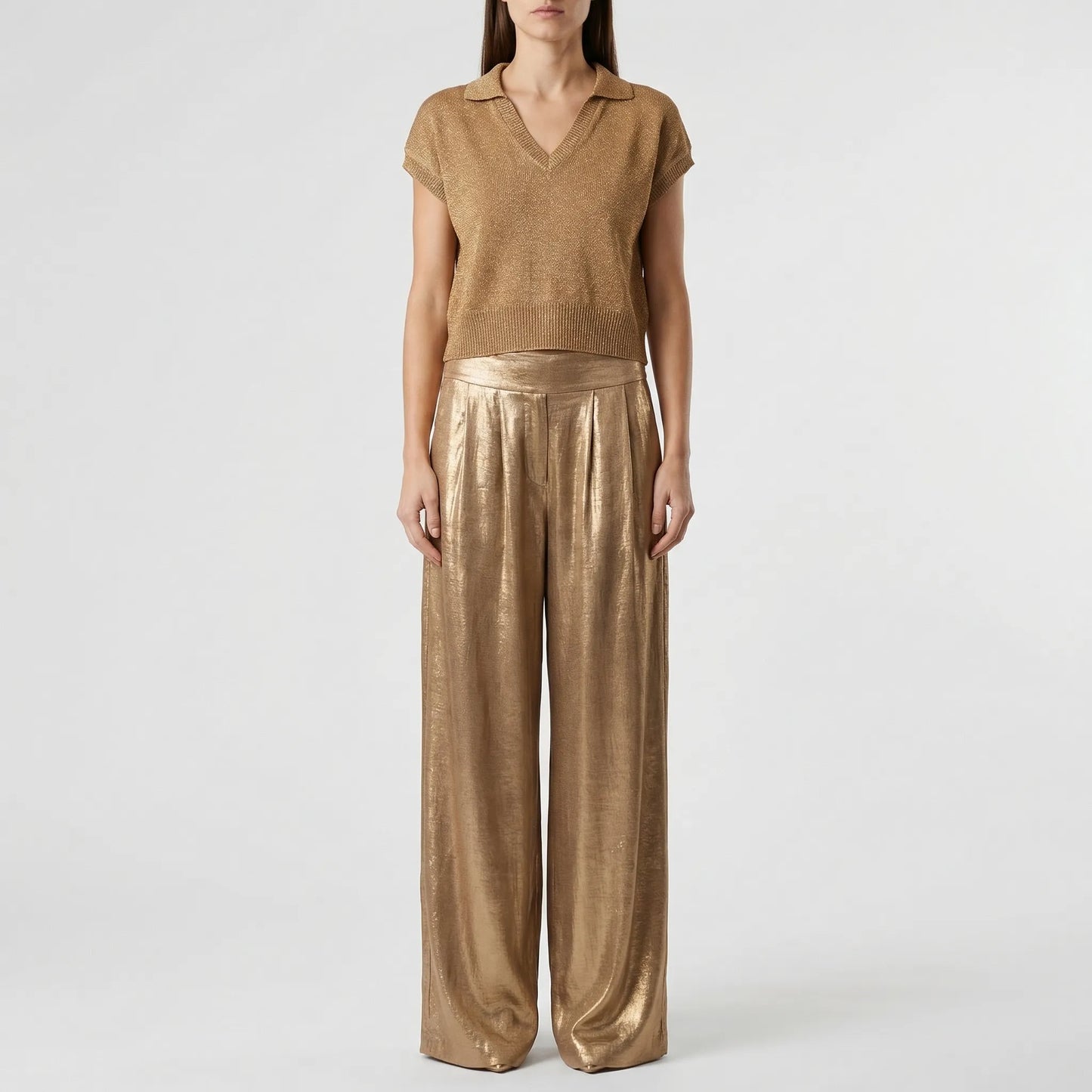 Women's Metallic Knit Top Wide Leg Pants Set Pleated High Waist
