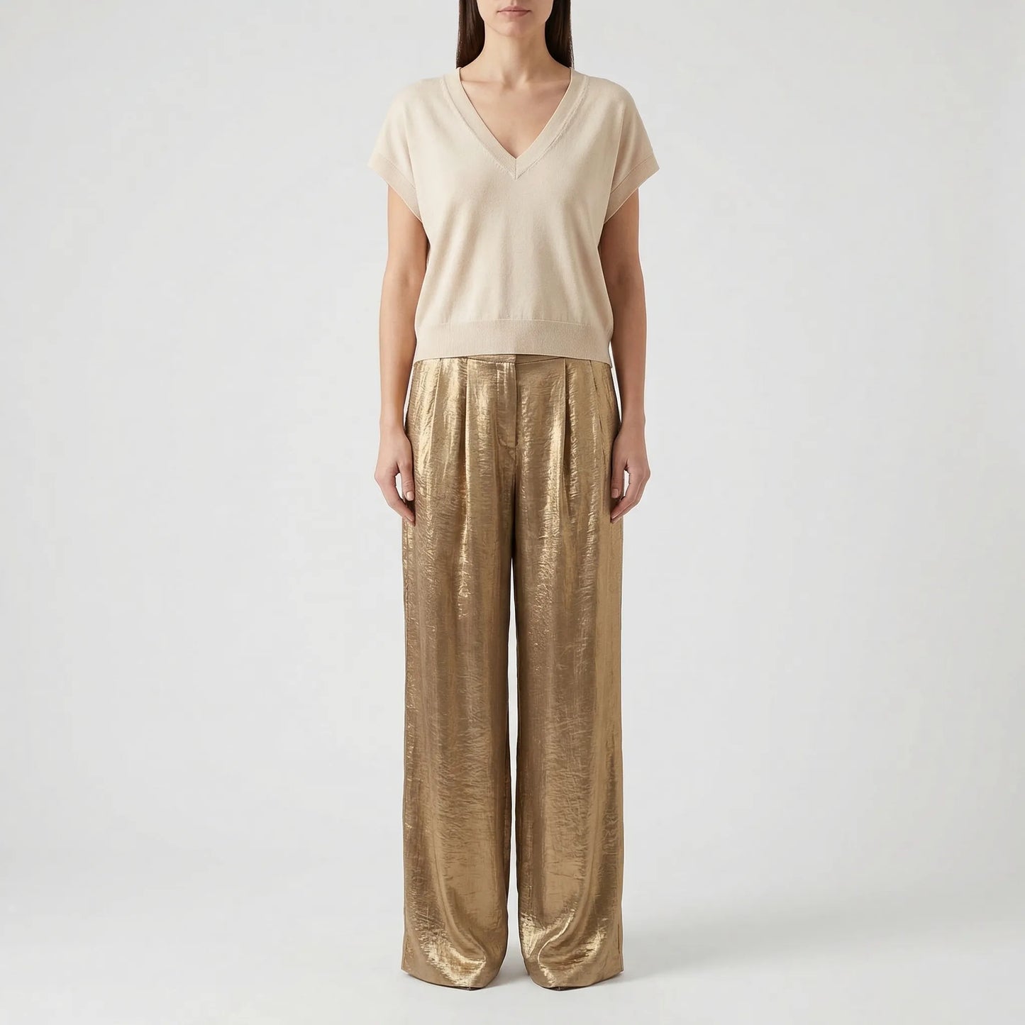 Women's Metallic Knit Top Wide Leg Pants Set Pleated High Waist