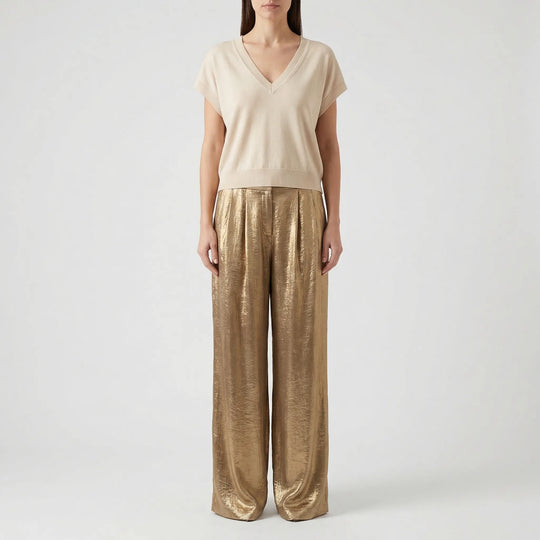 Women's Metallic Knit Top Wide Leg Pants Set Pleated High Waist