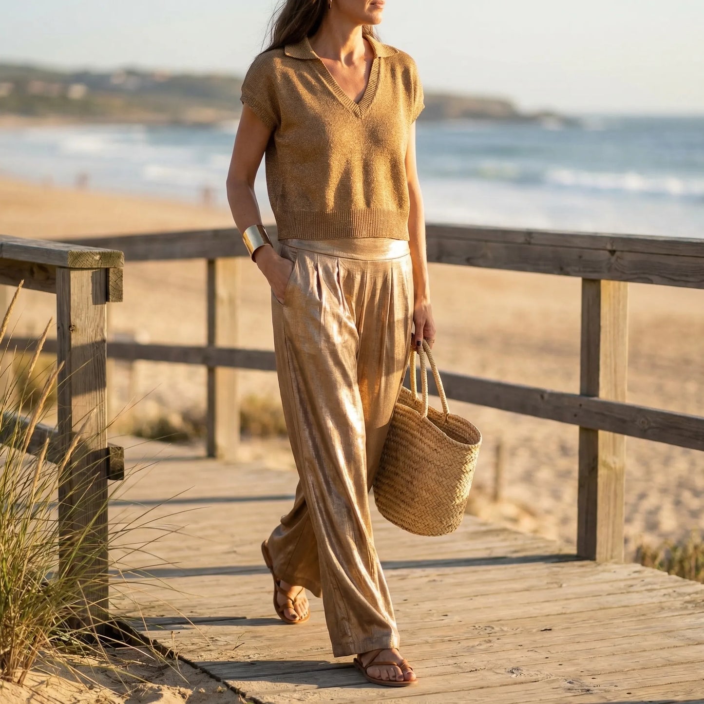 Women's Metallic Knit Top Wide Leg Pants Set Pleated High Waist