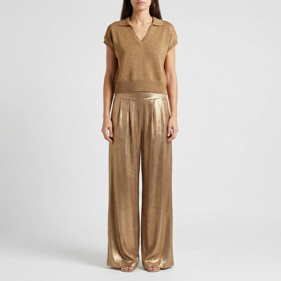 Women's Metallic Knit Top Wide Leg Pants Set Pleated High Waist