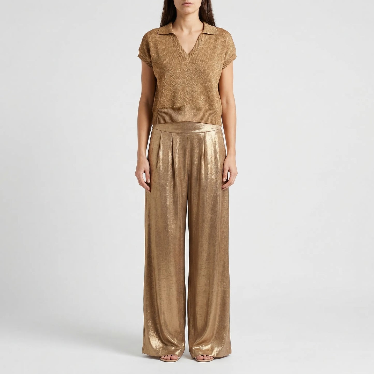 Women's Metallic Knit Top Wide Leg Pants Set Pleated High Waist