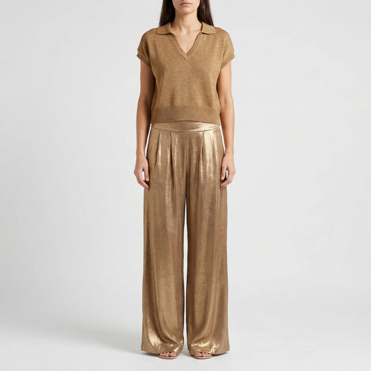Women's Metallic Knit Top Wide Leg Pants Set Pleated High Waist