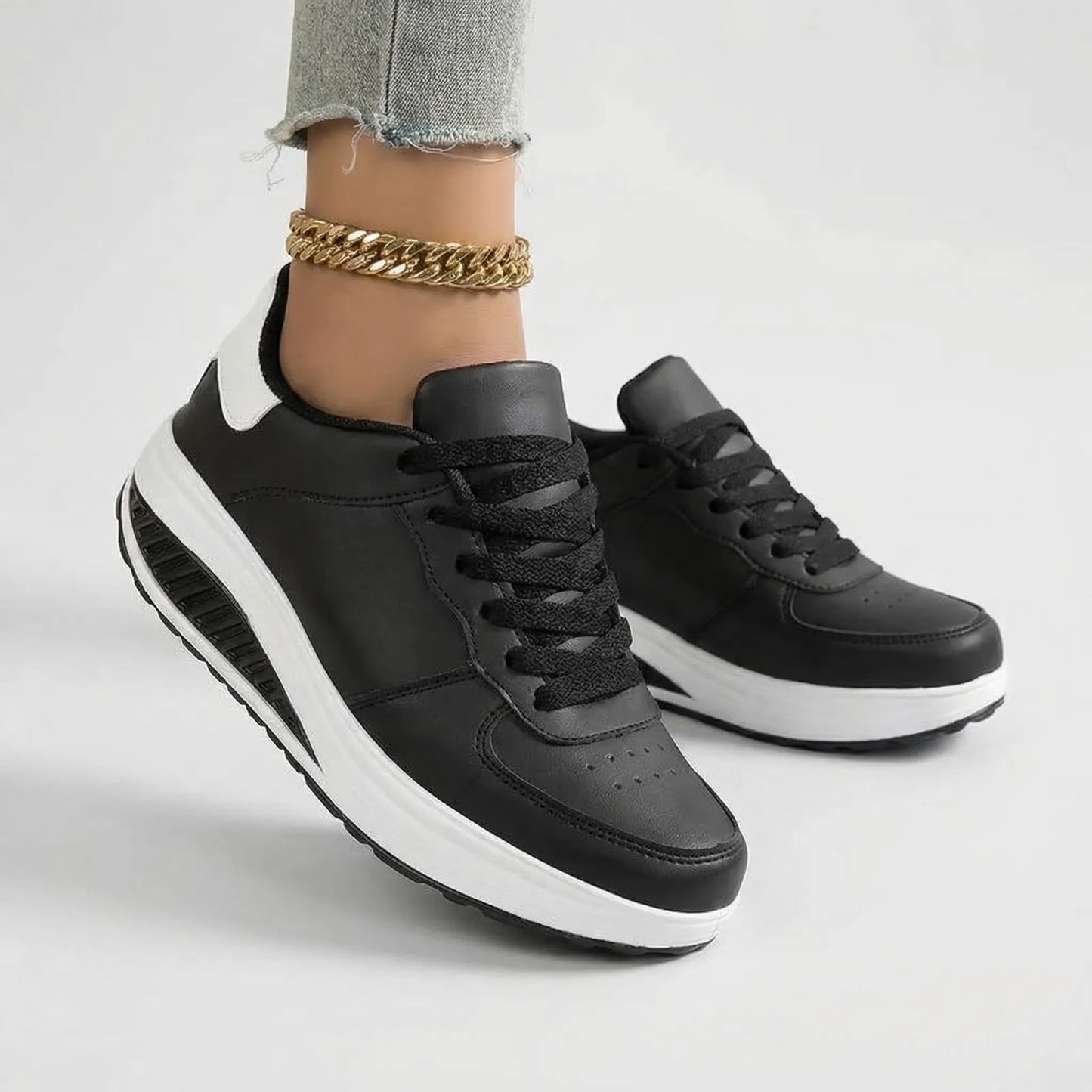 Women's Platform Lace-Up Sneakers Leather Chunky Sole Tennis Shoes