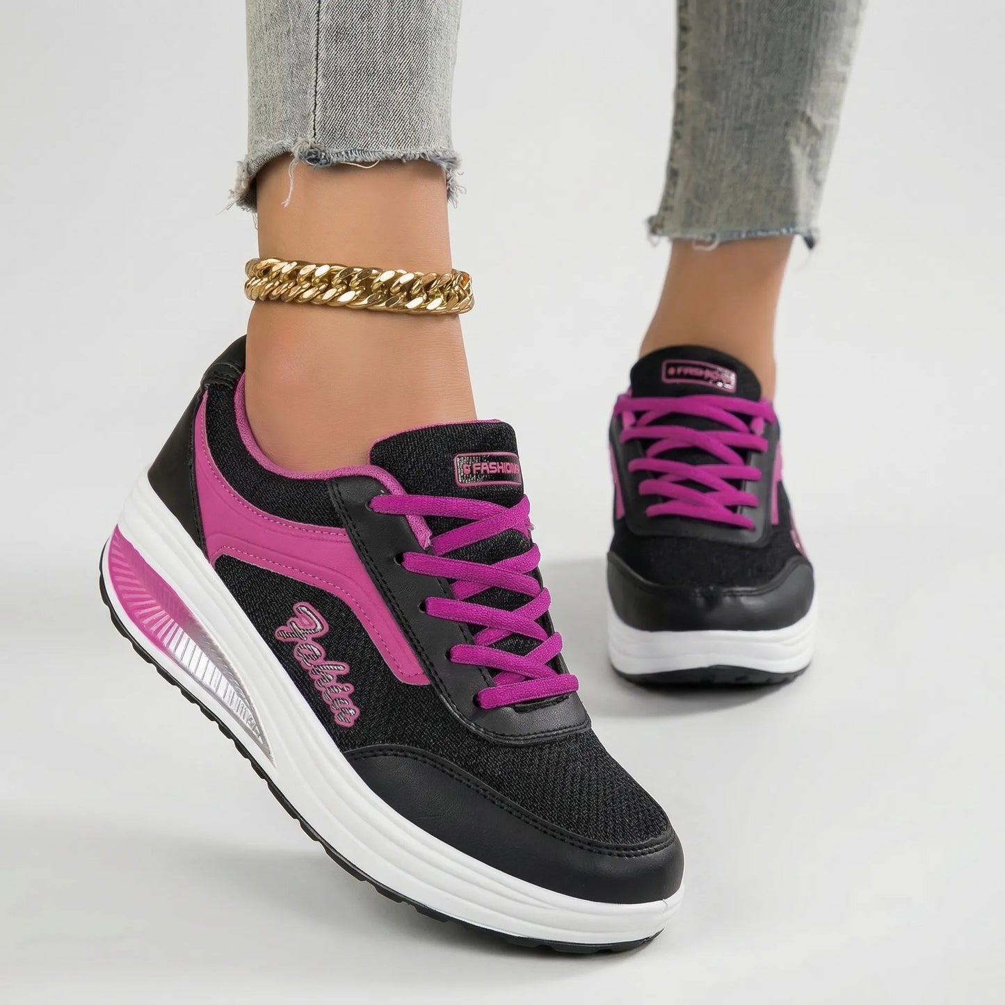 Women's Platform Lace-Up Sneakers Leather Chunky Sole Tennis Shoes