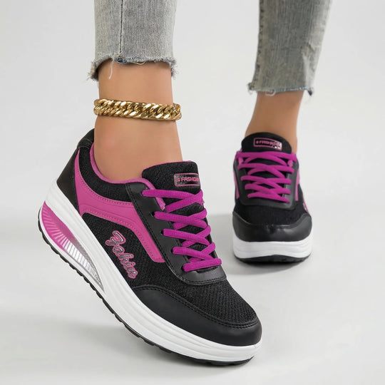 Women's Platform Lace-Up Sneakers Leather Chunky Sole Tennis Shoes
