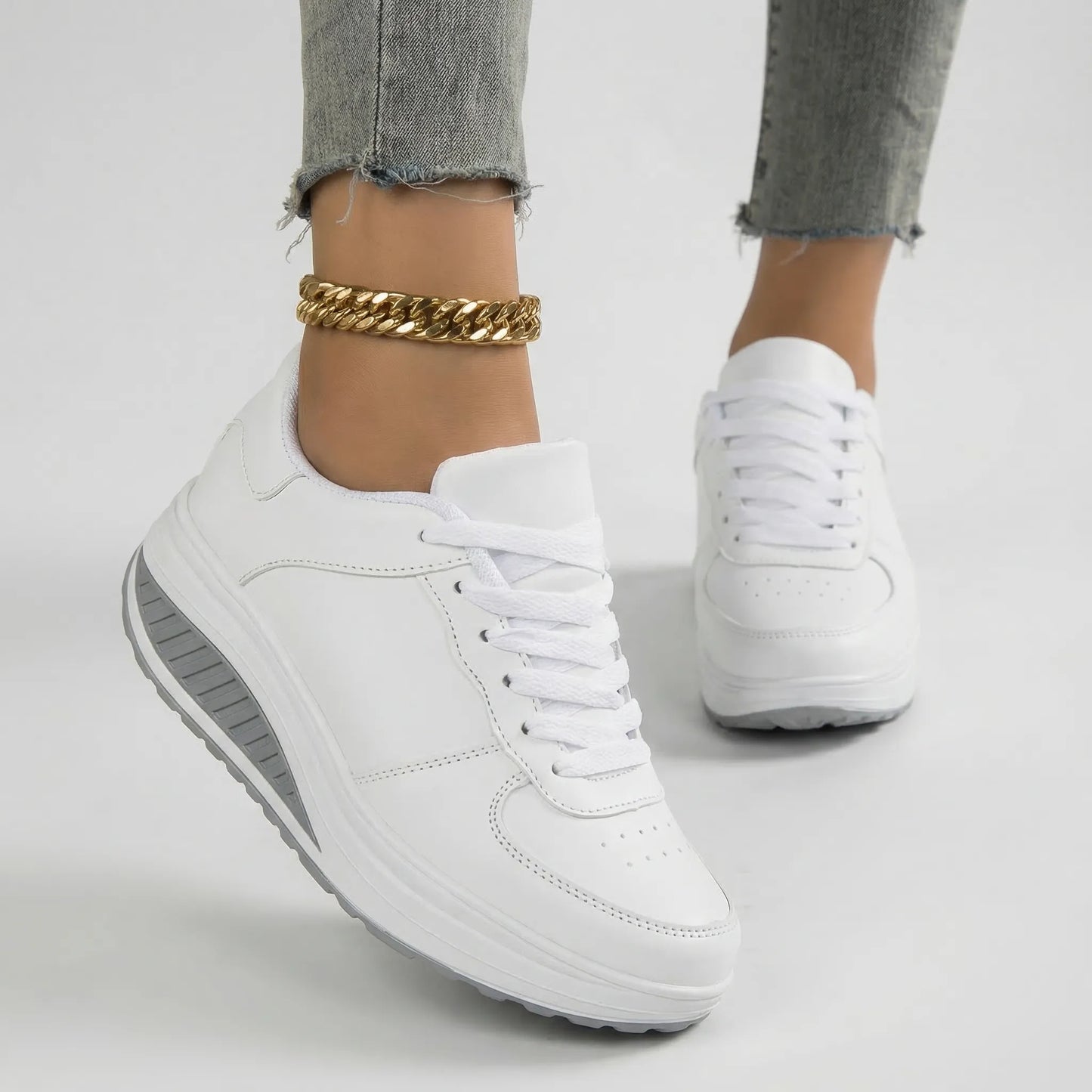 Women's Platform Lace-Up Sneakers Leather Chunky Sole Tennis Shoes