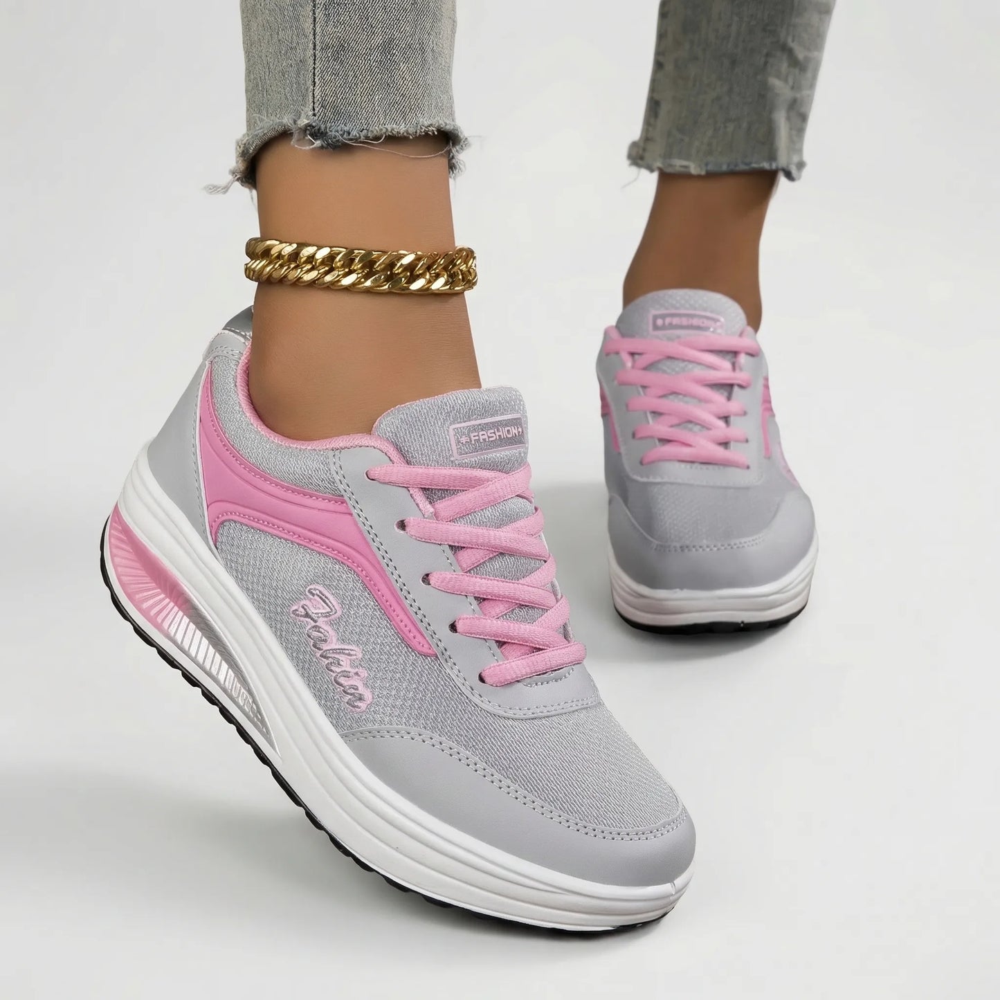 Women's Platform Lace-Up Sneakers Leather Chunky Sole Tennis Shoes