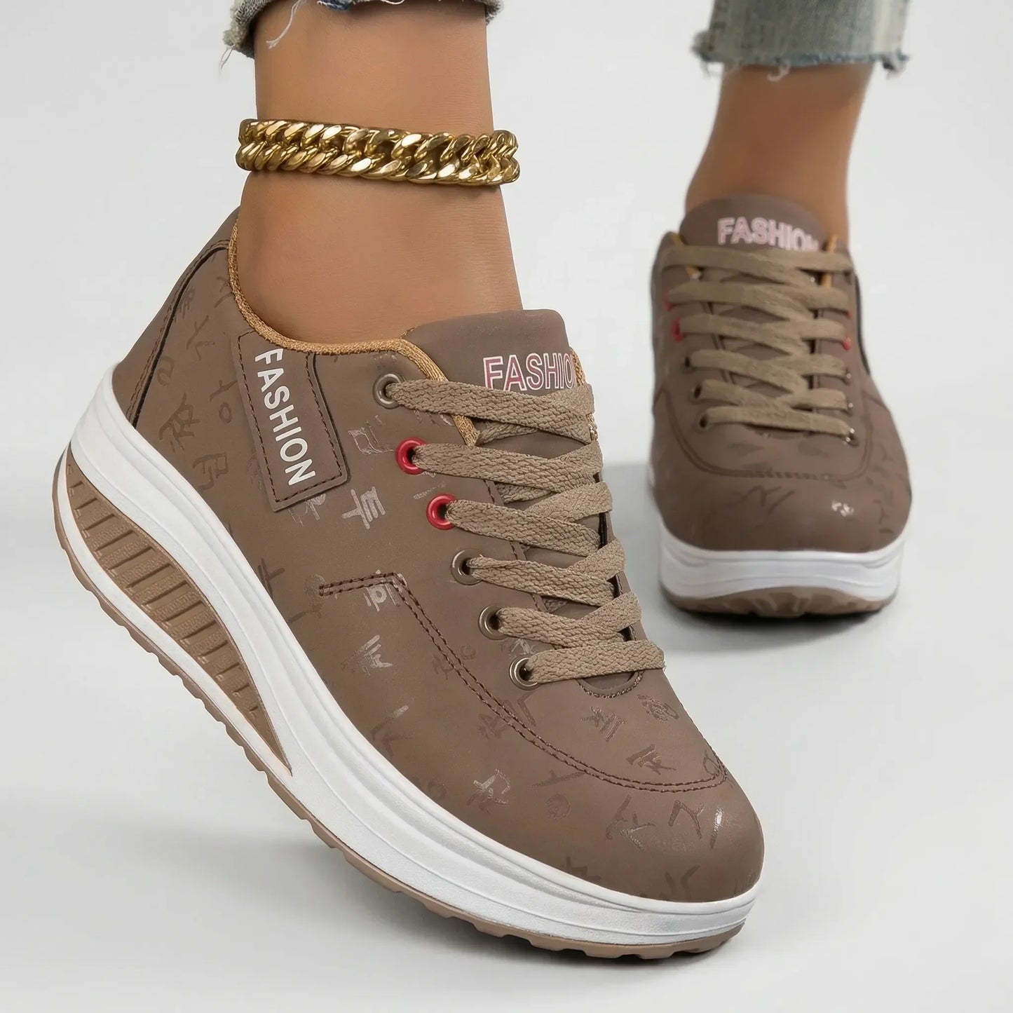 Women's Platform Lace-Up Sneakers Leather Chunky Sole Tennis Shoes