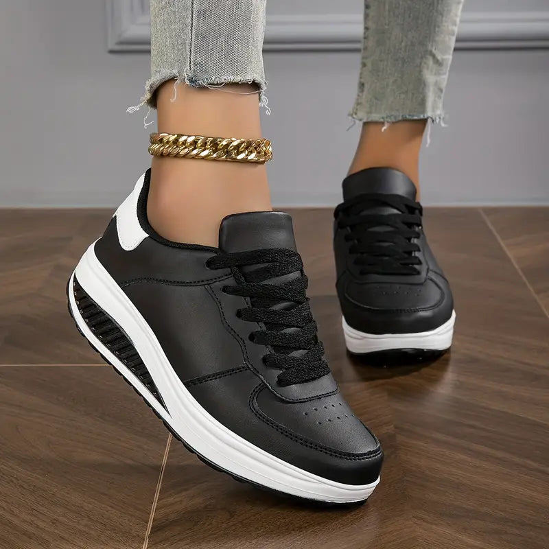 Women's Platform Lace-Up Sneakers PU Leather Chunky Sole Tennis Shoes