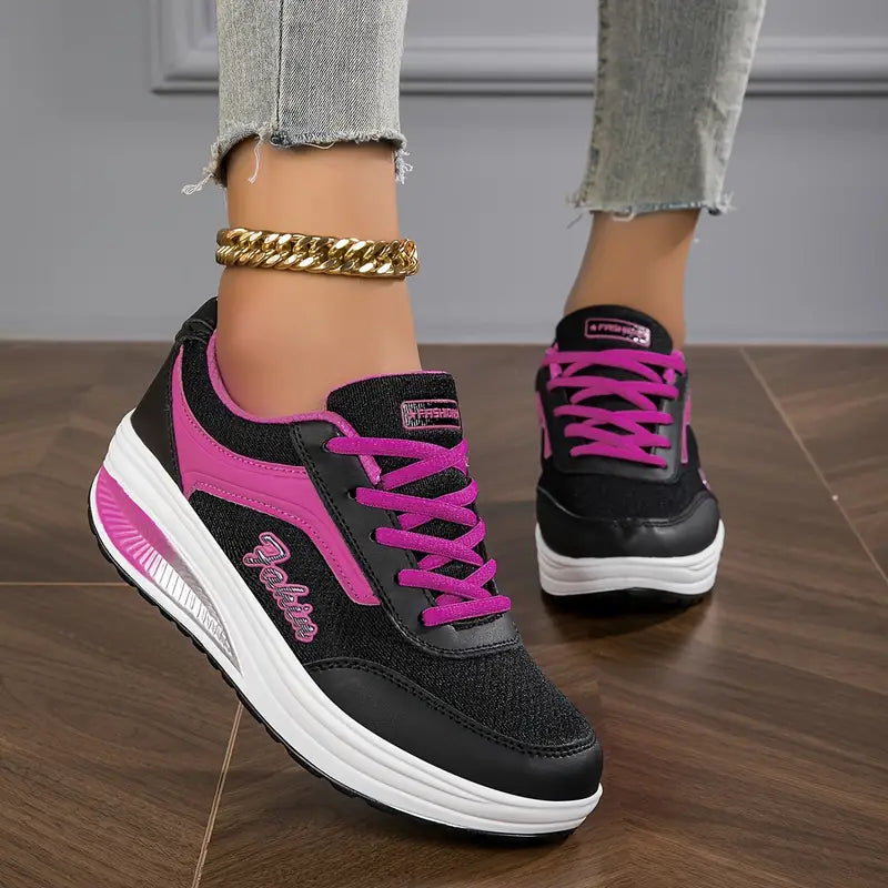 Women's Platform Lace-Up Sneakers PU Leather Chunky Sole Tennis Shoes