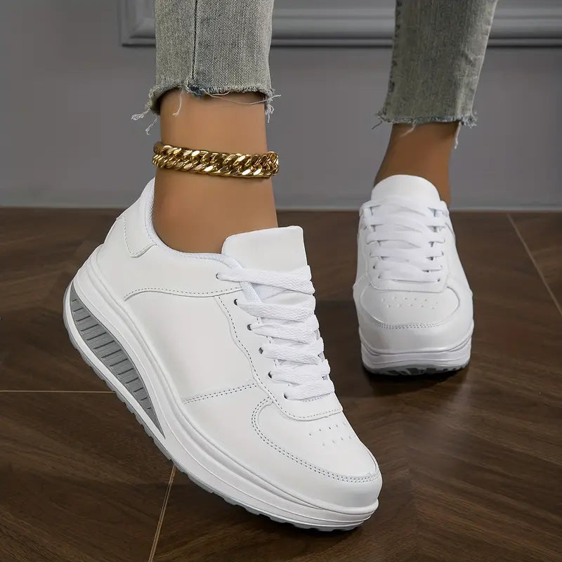 Women's Platform Lace-Up Sneakers PU Leather Chunky Sole Tennis Shoes