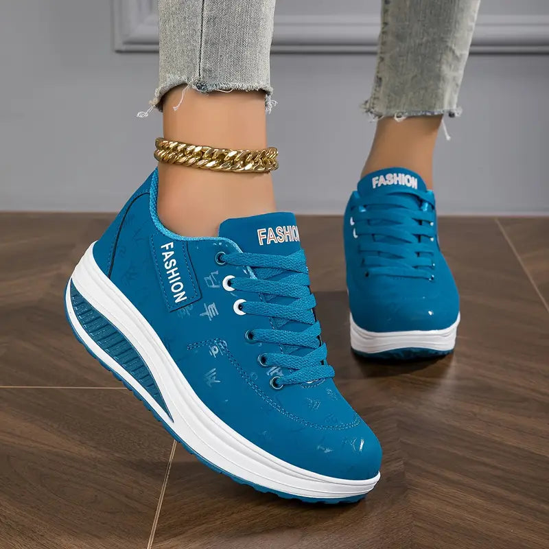 Women's Platform Lace-Up Sneakers PU Leather Chunky Sole Tennis Shoes