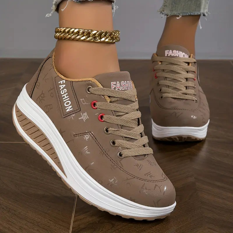 Women's Platform Lace-Up Sneakers PU Leather Chunky Sole Tennis Shoes