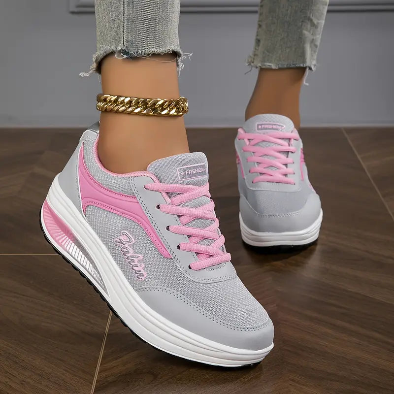 Women's Platform Lace-Up Sneakers PU Leather Chunky Sole Tennis Shoes