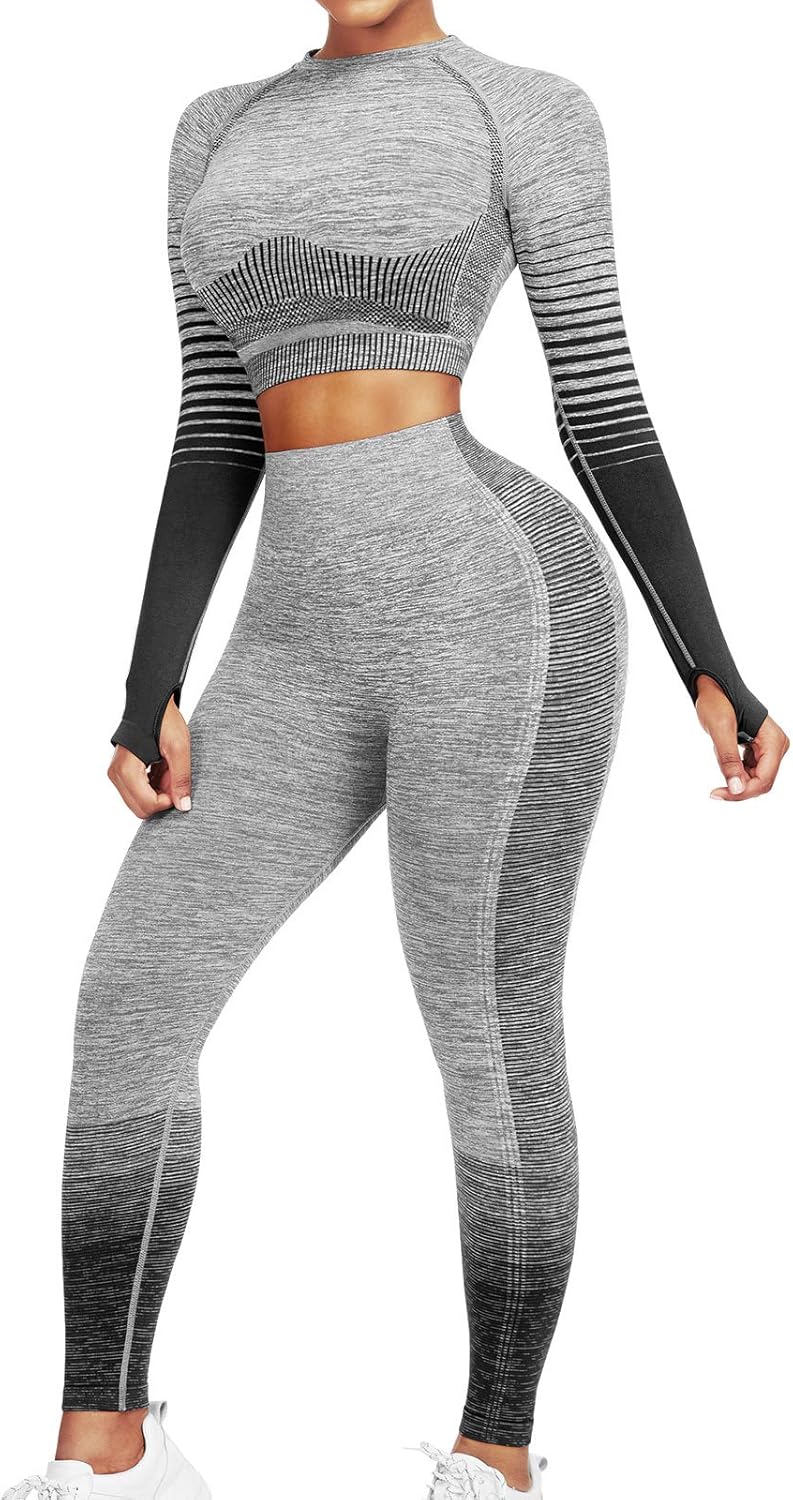 Women's Seamless Ombre 2-Piece Workout Set Long Sleeve Crop Top & Leggings