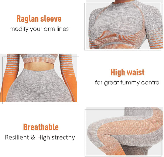 Women's Seamless Ombre 2-Piece Workout Set Long Sleeve Crop Top & Leggings