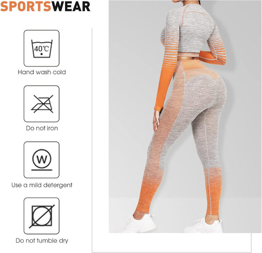 Women's Seamless Ombre 2-Piece Workout Set Long Sleeve Crop Top & Leggings