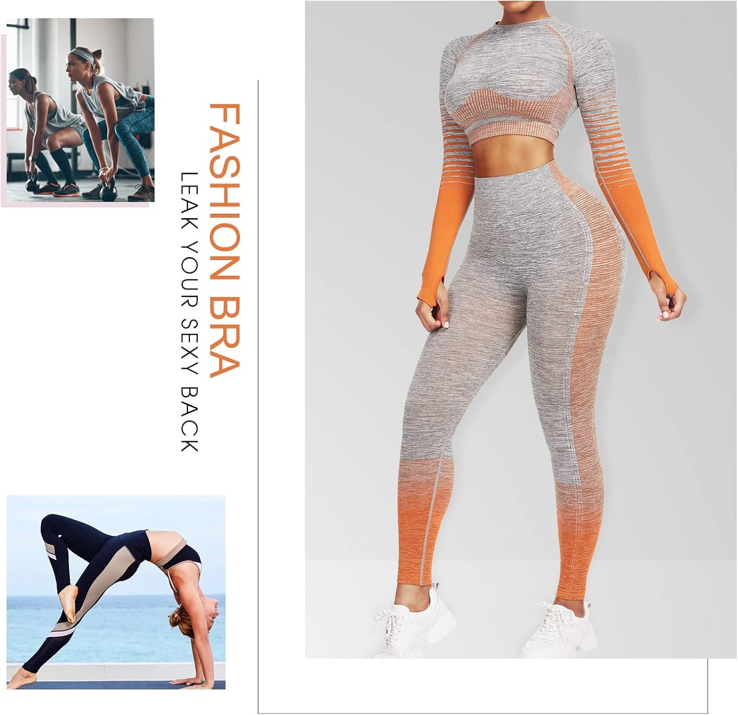 Women's Seamless Ombre 2-Piece Workout Set Long Sleeve Crop Top & Leggings