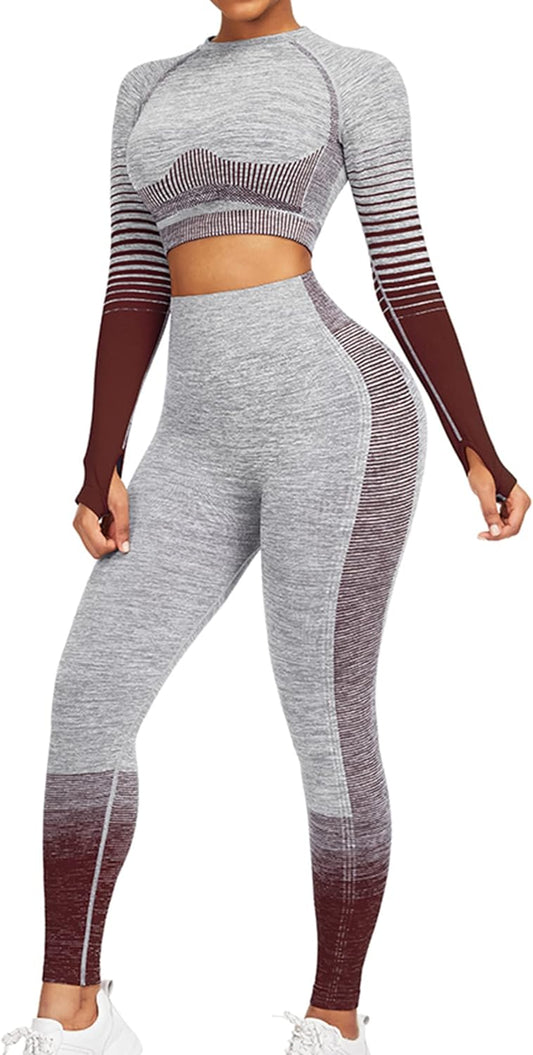 Women's Seamless Ombre 2-Piece Workout Set Long Sleeve Crop Top & Leggings