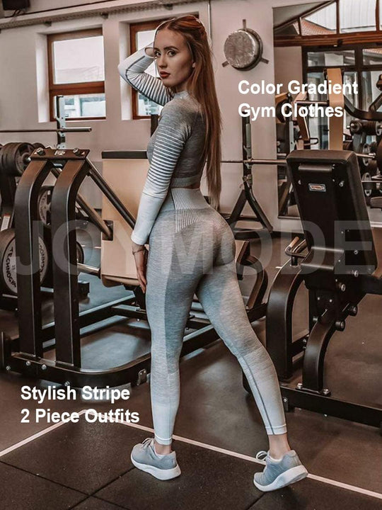 Women's Seamless Ombre 2-Piece Workout Set Long Sleeve Crop Top & Leggings
