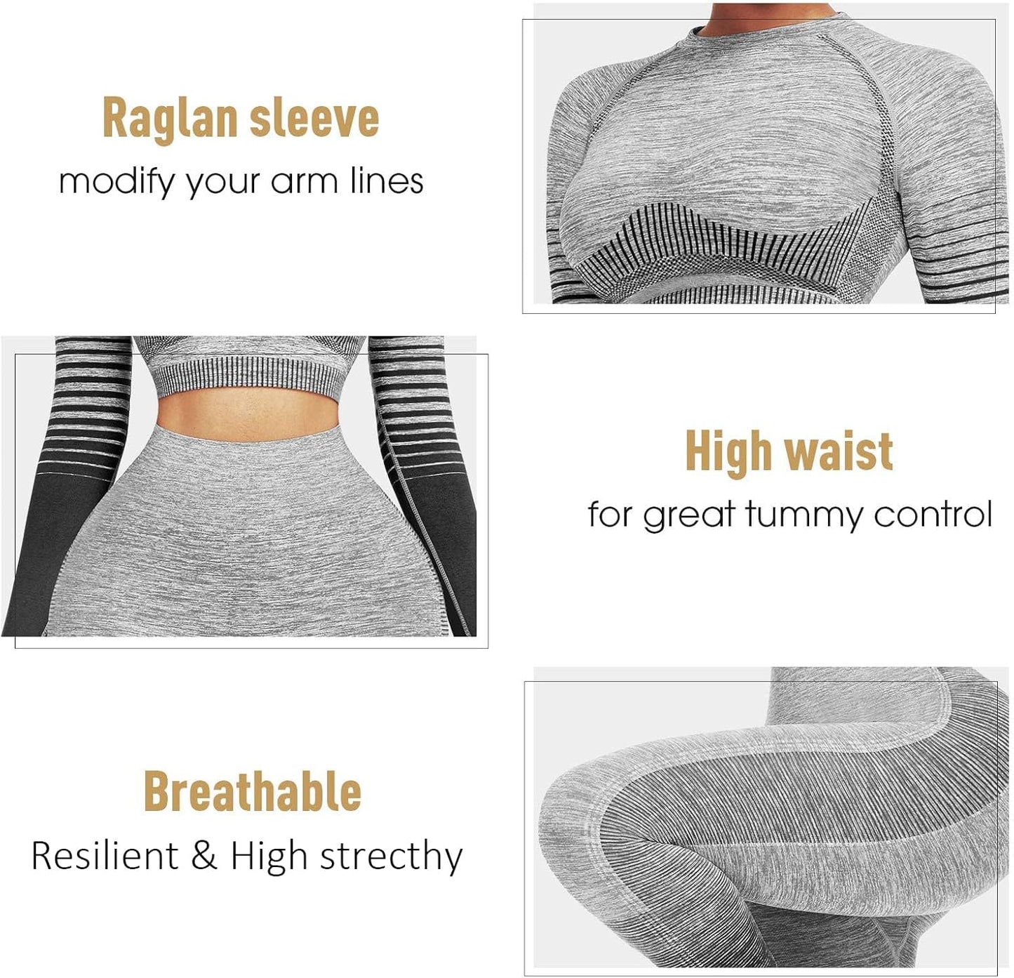 Women's Seamless Ombre 2-Piece Workout Set Long Sleeve Crop Top & Leggings