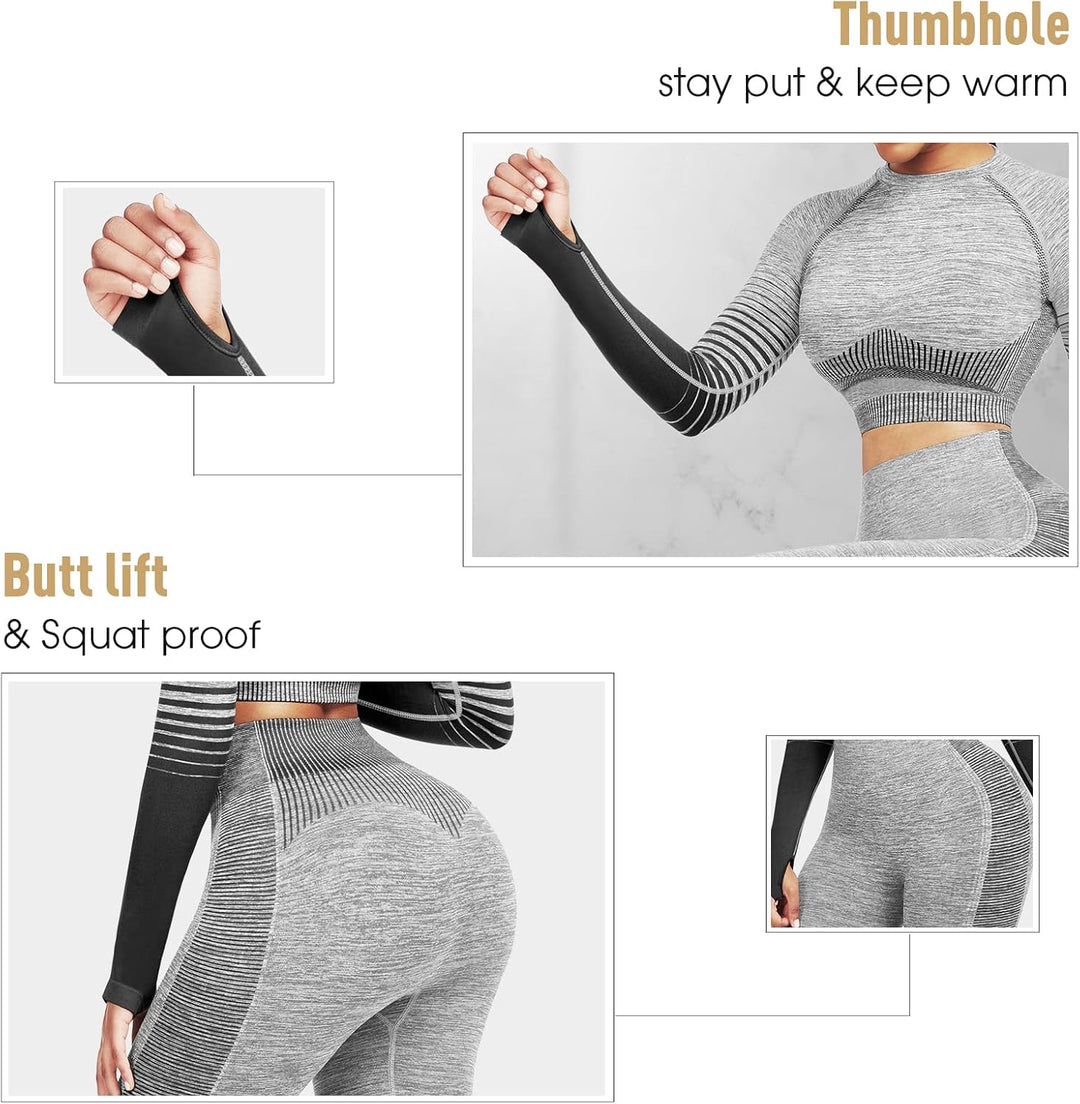 Women's Seamless Ombre 2-Piece Workout Set Long Sleeve Crop Top & Leggings