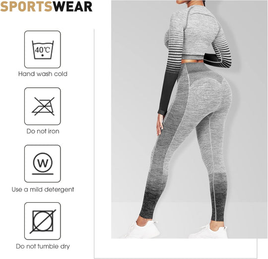 Women's Seamless Ombre 2-Piece Workout Set Long Sleeve Crop Top & Leggings