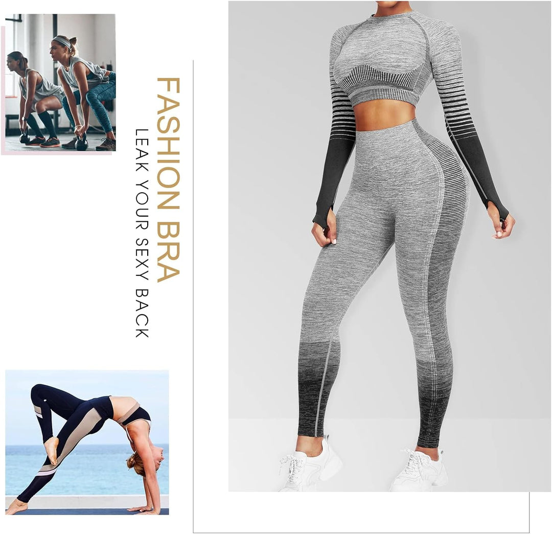 Women's Seamless Ombre 2-Piece Workout Set Long Sleeve Crop Top & Leggings