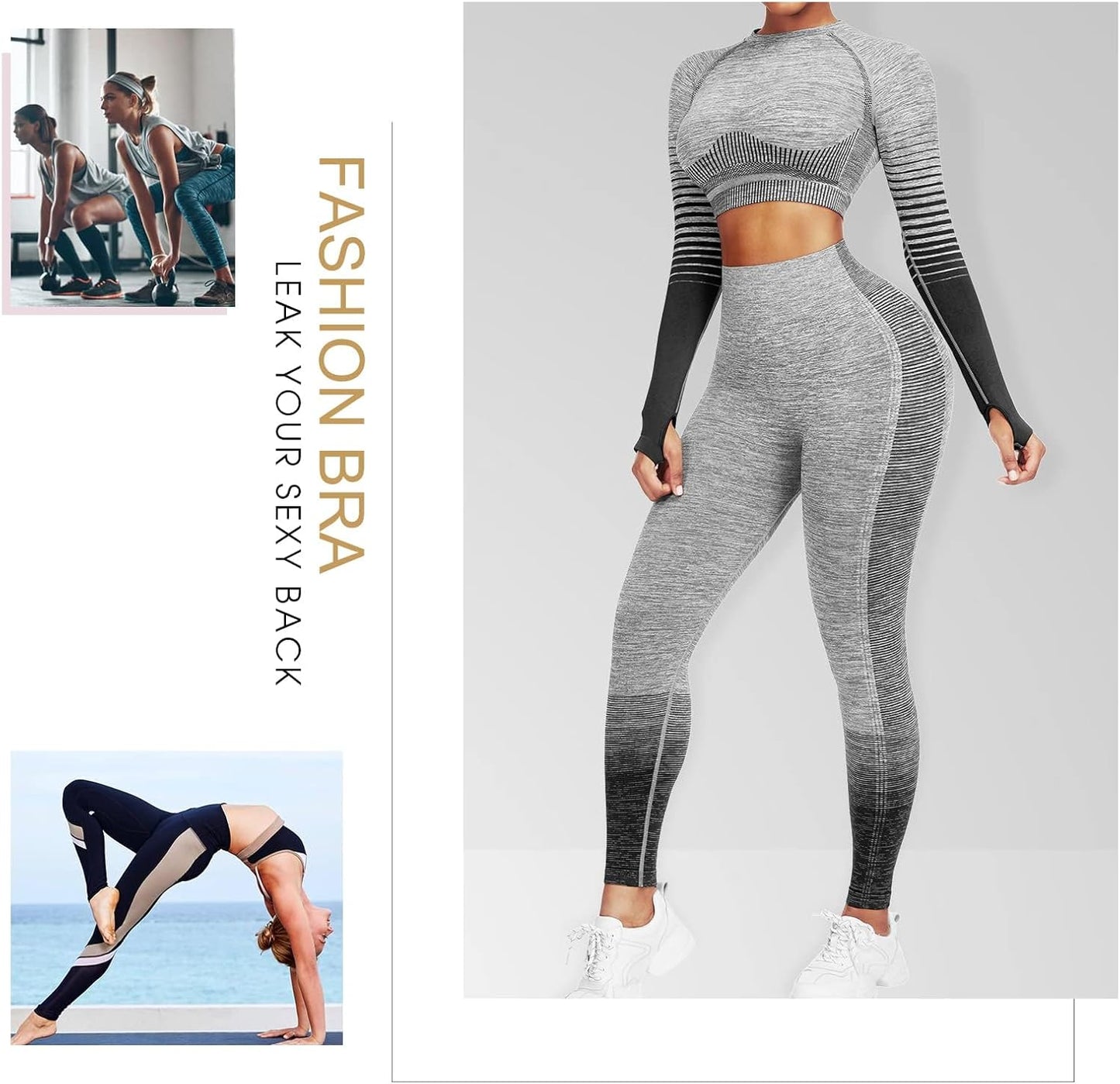 Women's Seamless Ombre 2-Piece Workout Set Long Sleeve Crop Top & Leggings