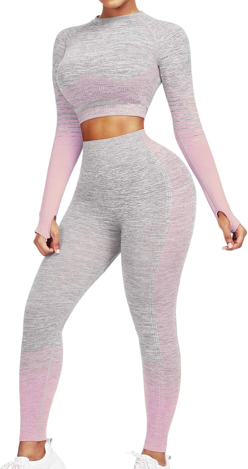 Women's Seamless Ombre 2-Piece Workout Set Long Sleeve Crop Top & Leggings