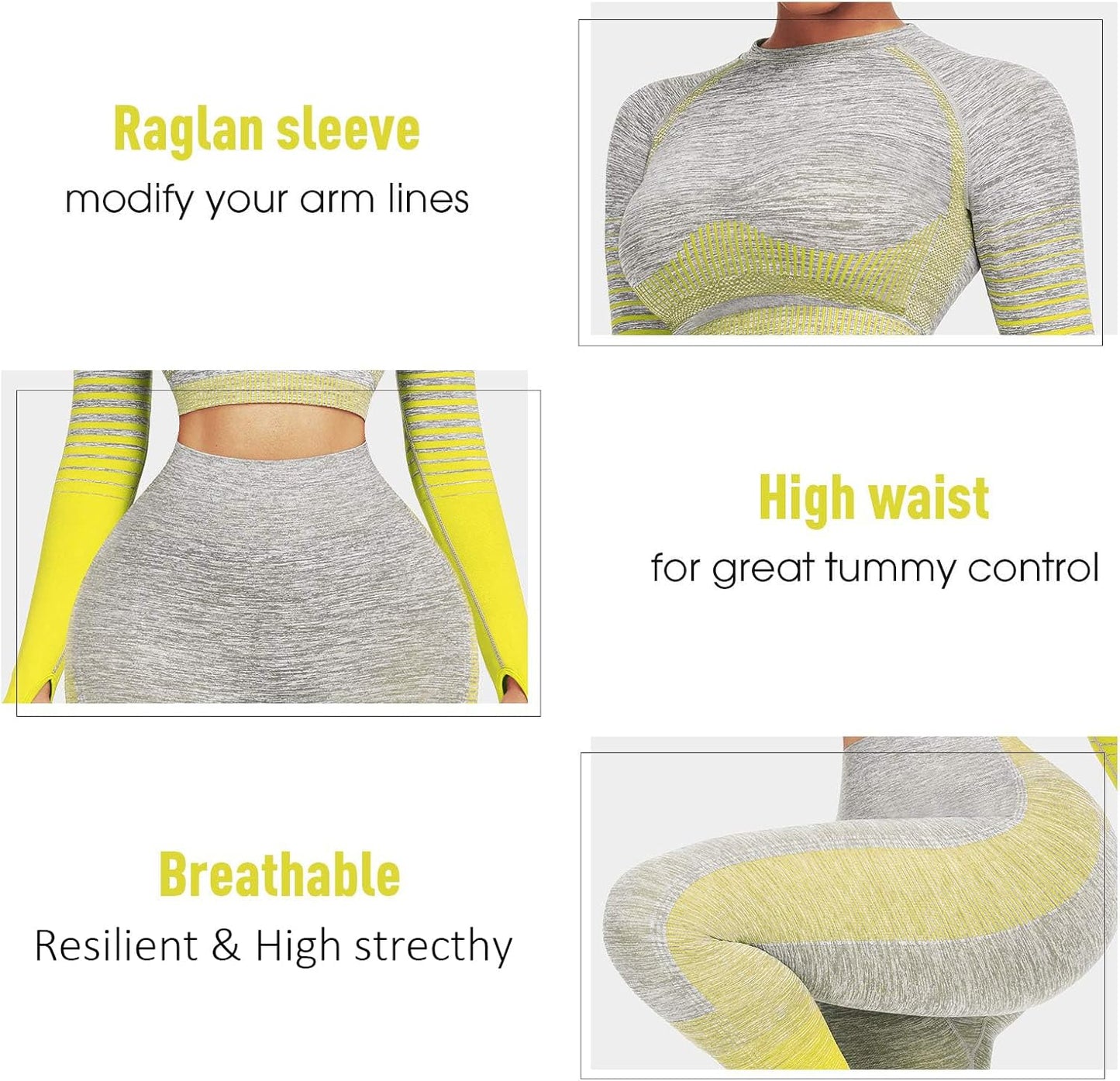 Women's Seamless Ombre 2-Piece Workout Set Long Sleeve Crop Top & Leggings